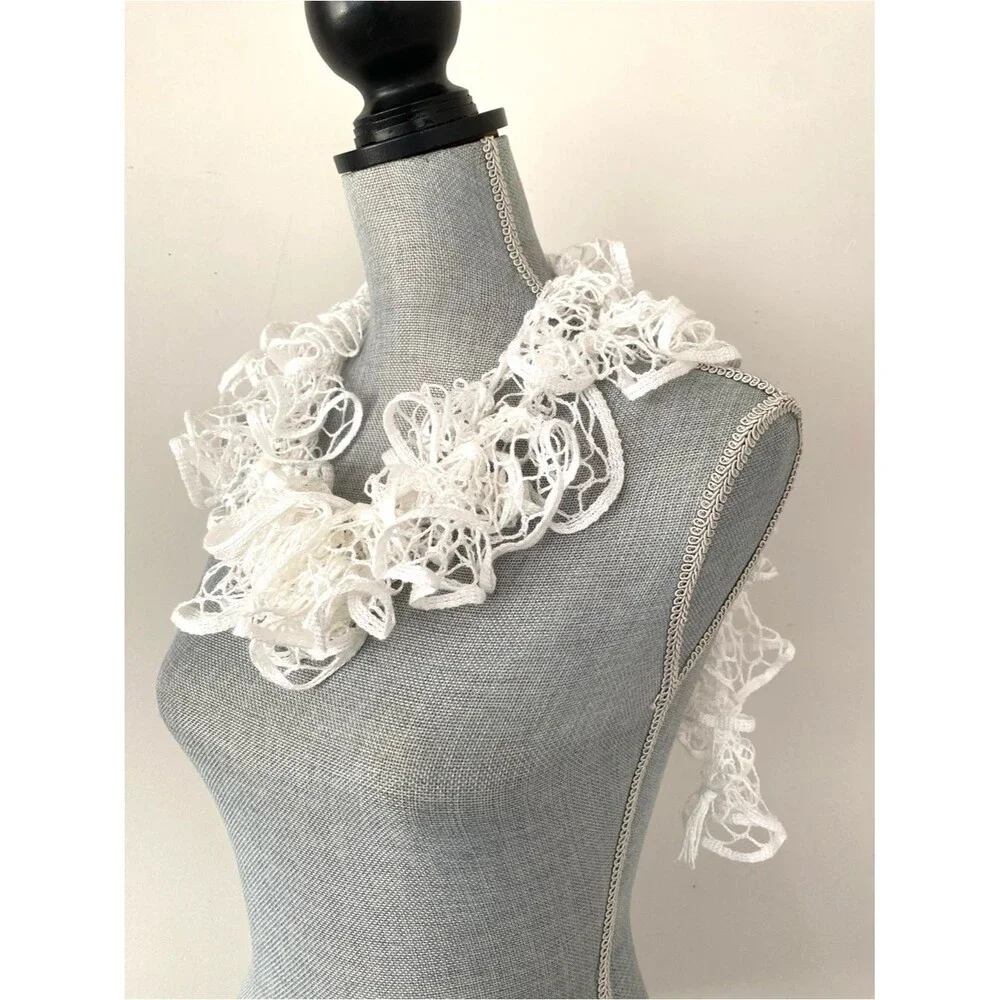 VTG White crochet knit scarf versatile styling Laganlook layering 76